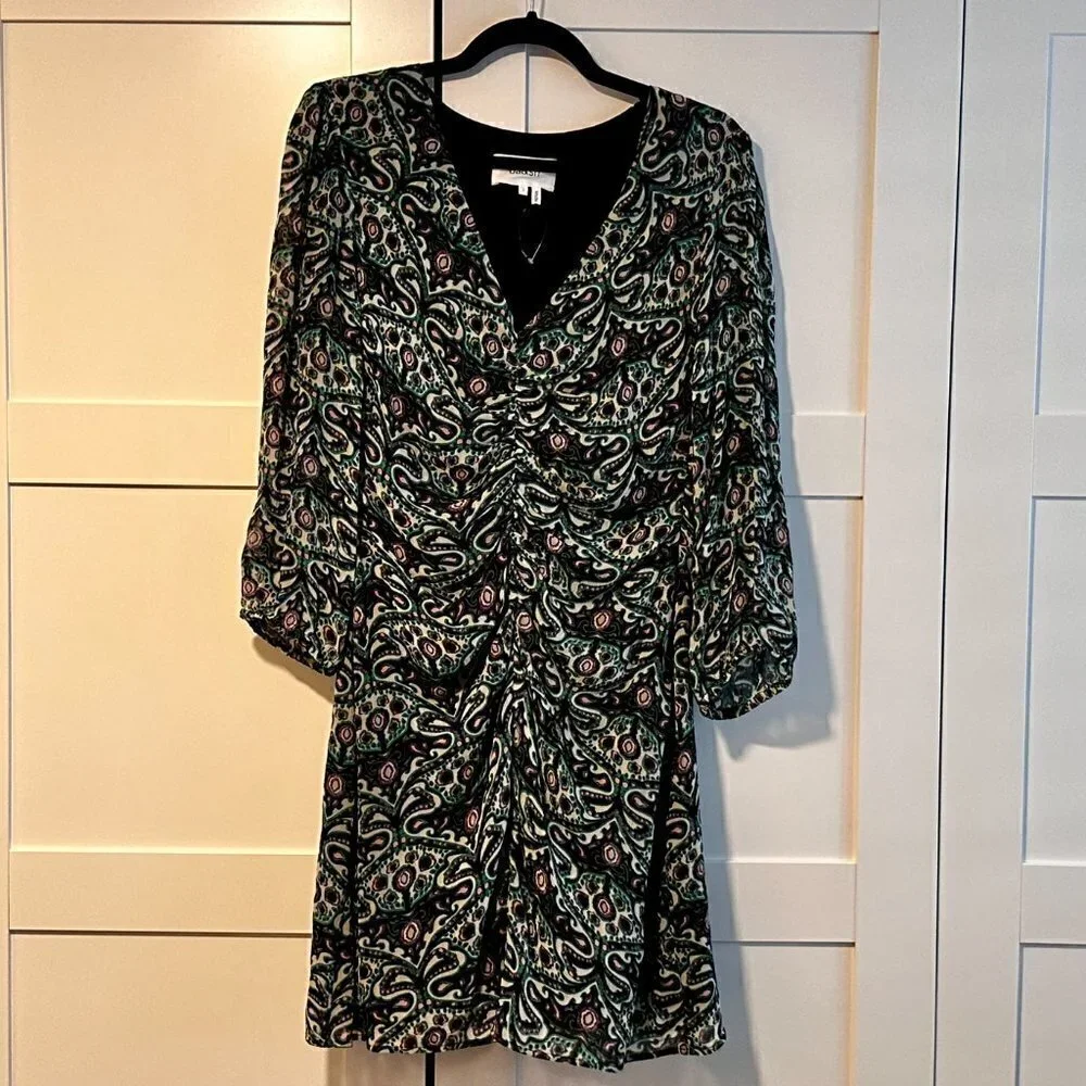 NEW Ba&sh Fanny Ruched Mini Dress - Green Motif - size Large - Picture 3 of 5